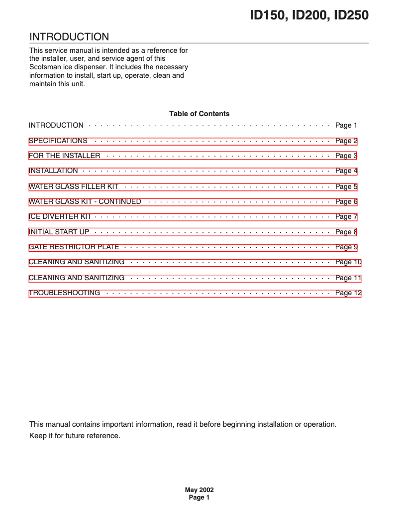Page n°1 - Manuel d'utilisation et d'entretien Scotsman ID200B-1