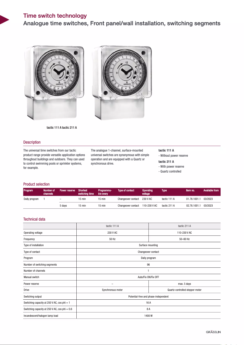 Page 1 de la notice Fiche technique Grässlin tactic 211 A