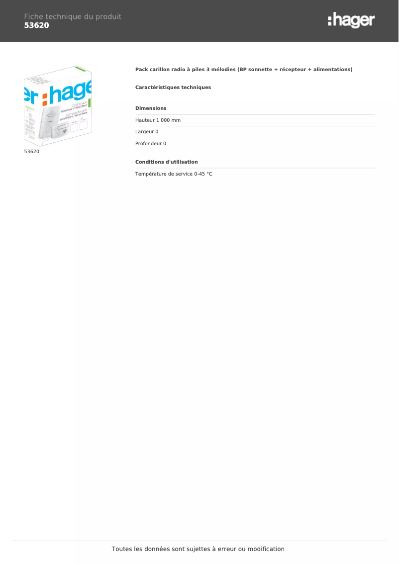 Page 1 de la notice Fiche technique Hager 53620