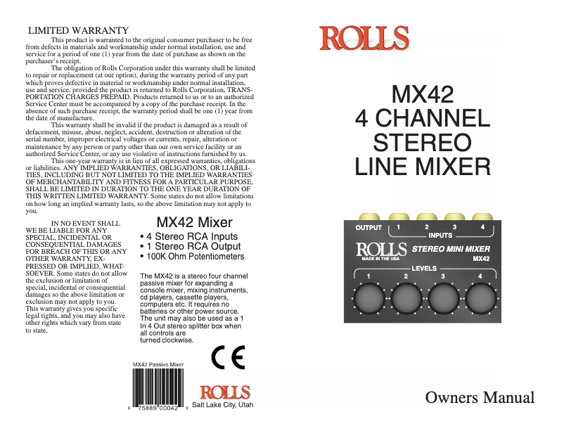 Page 1 de la notice Manuel utilisateur Rolls Stereo Mini Mixer MX42
