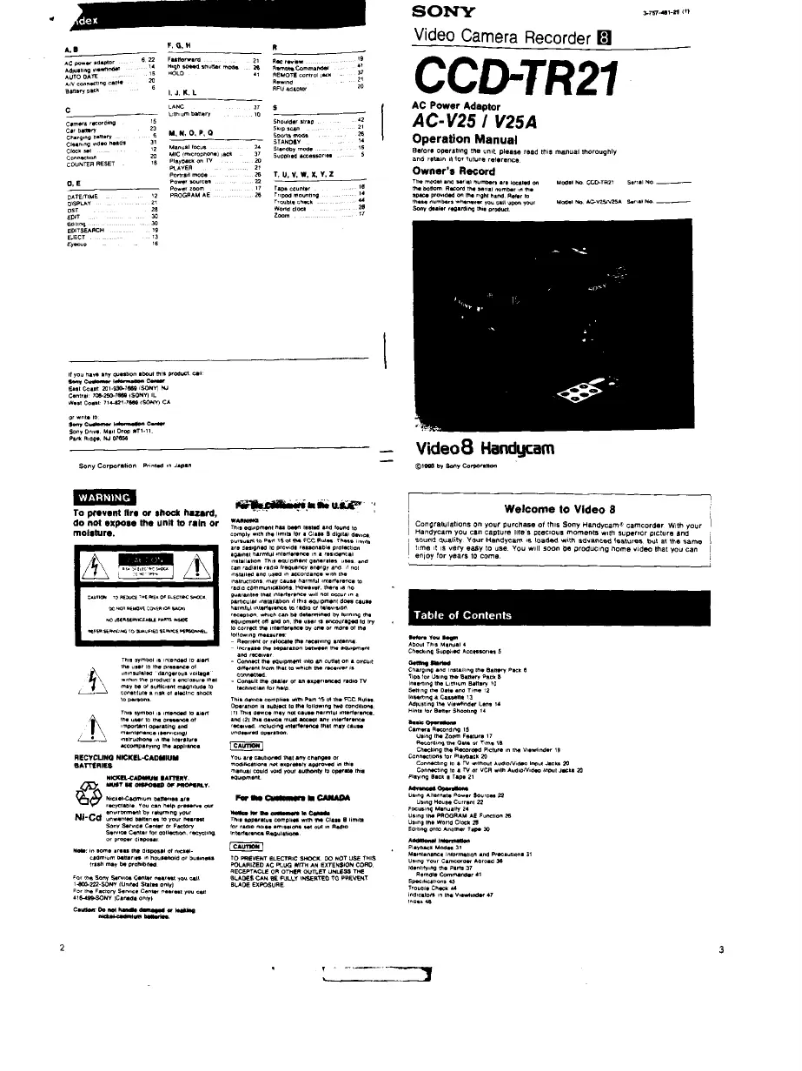 Page 1 de la notice Manuel utilisateur Sony CCD-TR21