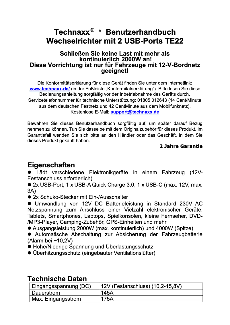 Page 1 de la notice Manuel utilisateur Technaxx TE22