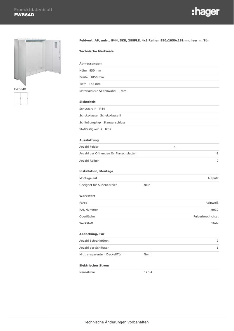 Page 1 de la notice Fiche technique Hager FWB64D