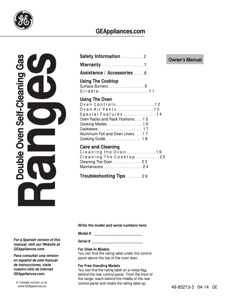 Page n°1 - Manuel d'utilisation et d'entretien GE PGB950SEFSS