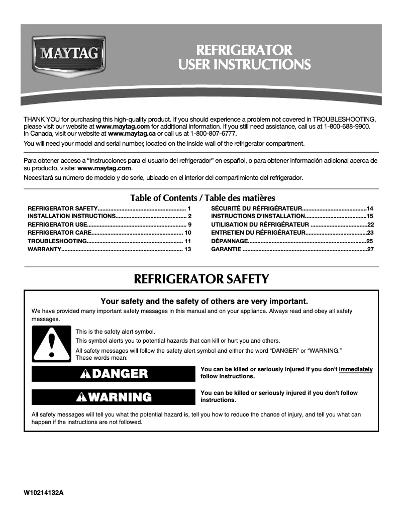 Page 1 de la notice Manuel utilisateur Maytag M8RXEGMXS