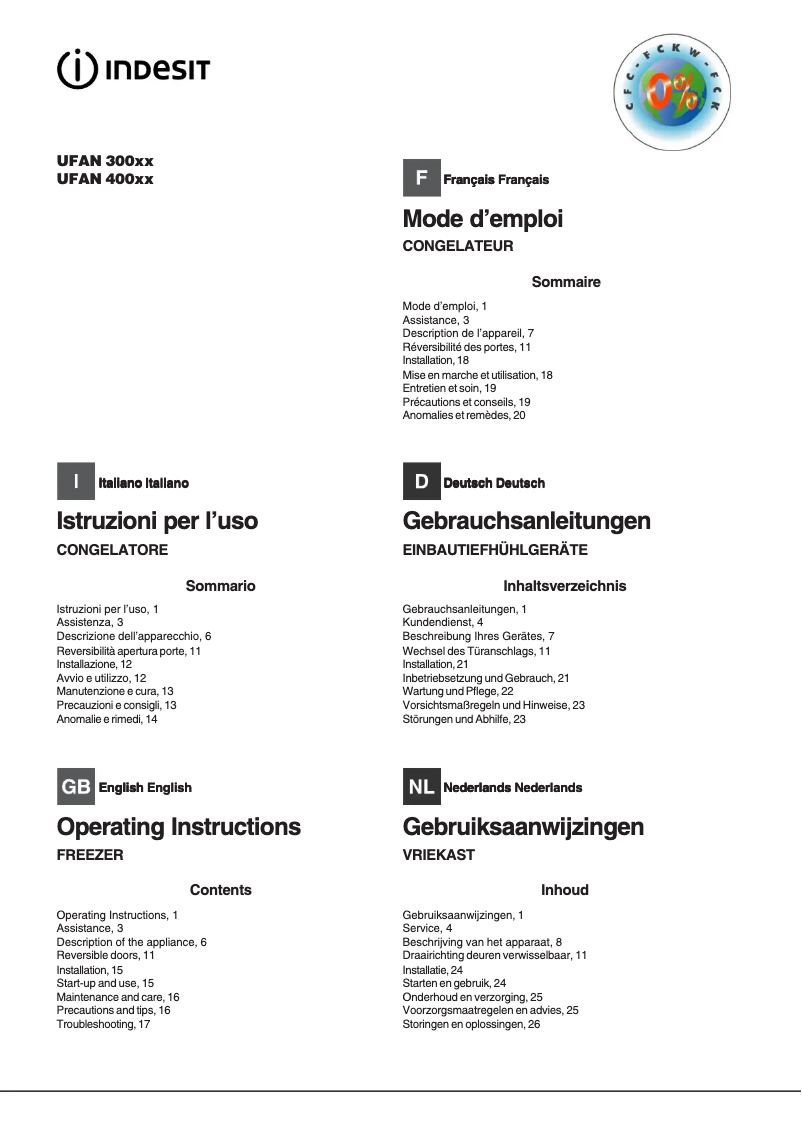 Page 1 de la notice Manuel utilisateur Indesit UFAN 300xx
