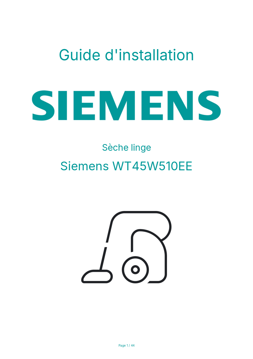 Page n°1 - Guide d'installation Siemens WT45W510EE
