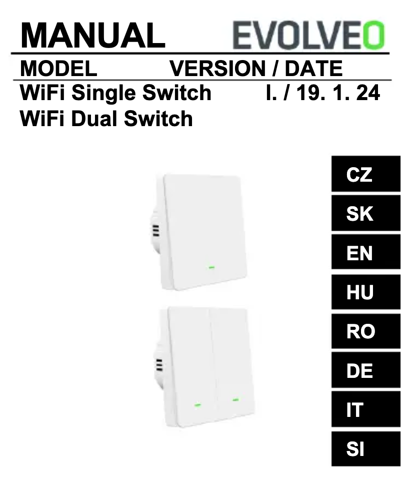 Page 1 de la notice Manuel utilisateur Evolveo WiFi Single Switch