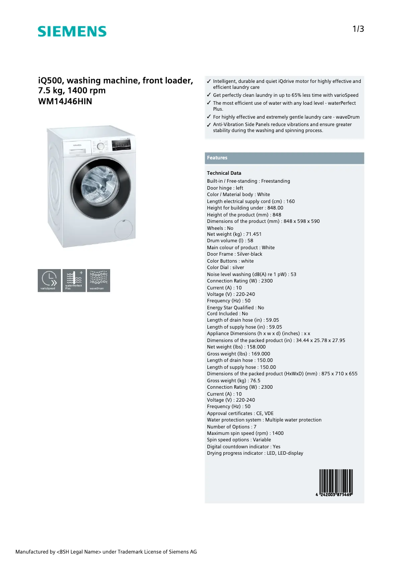 Page 1 de la notice Fiche technique Siemens WM14J46HIN