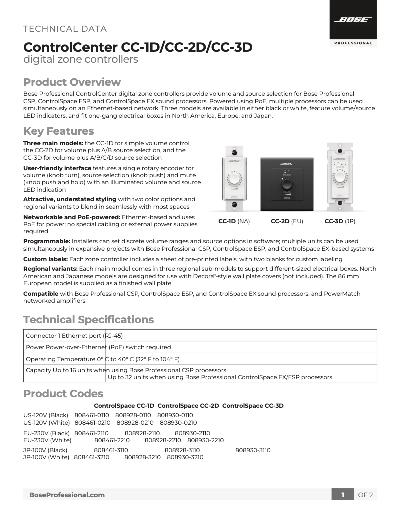 Page 1 de la notice Fiche technique Bose ControlCenter CC-1D