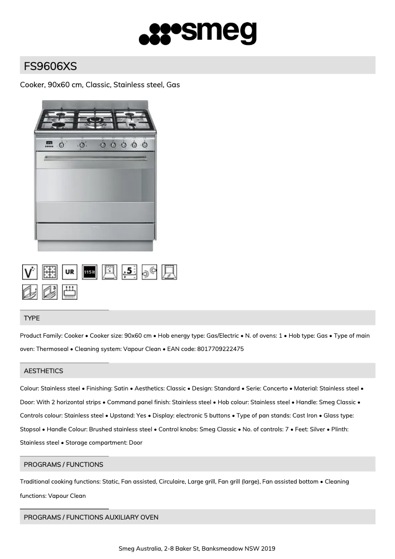Page 1 de la notice Fiche technique Smeg FS9606