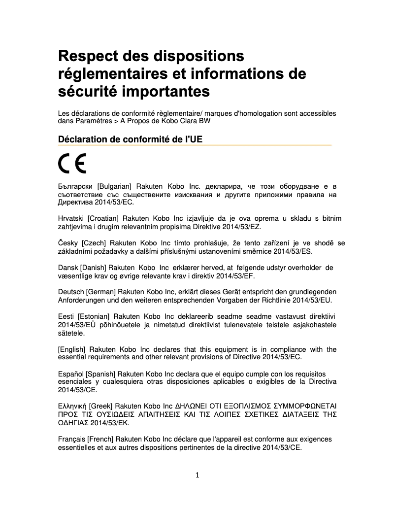 Page n°1 - Instructions de sécurité Kobo Clara BW