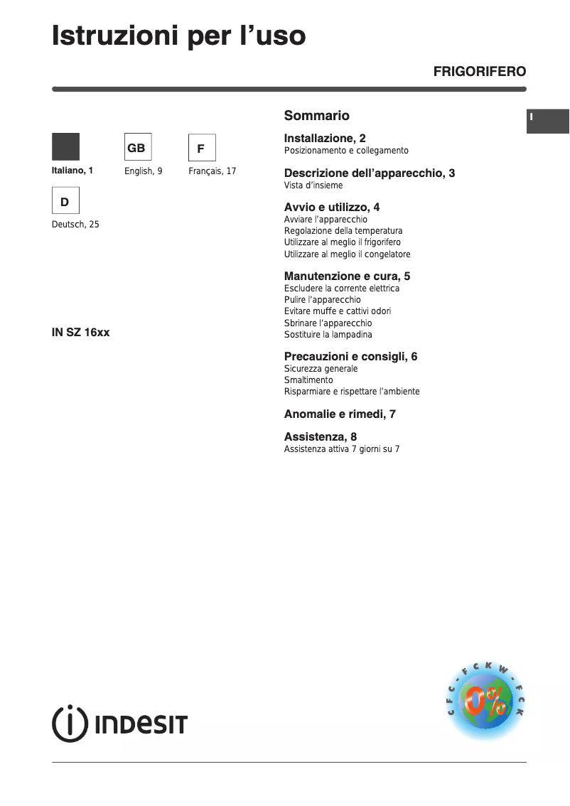 Page 1 de la notice Manuel utilisateur Indesit IN SZ 1632