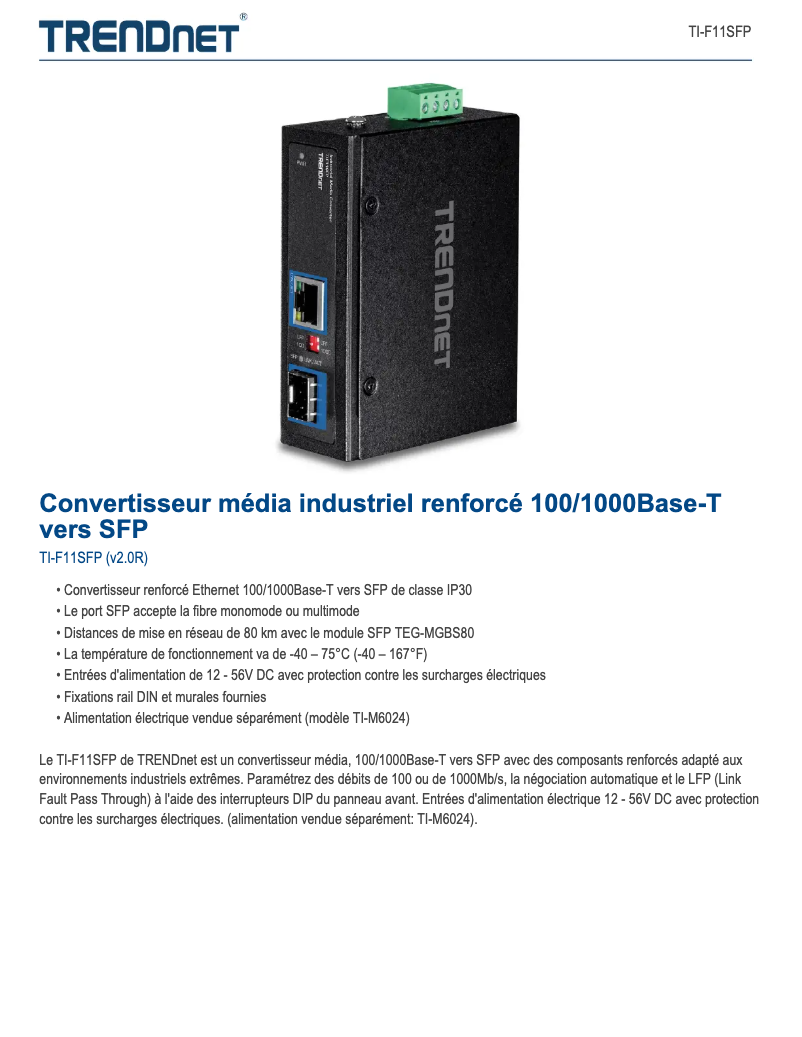 Page n°1 - Fiche technique TRENDnet TI-F11SFP