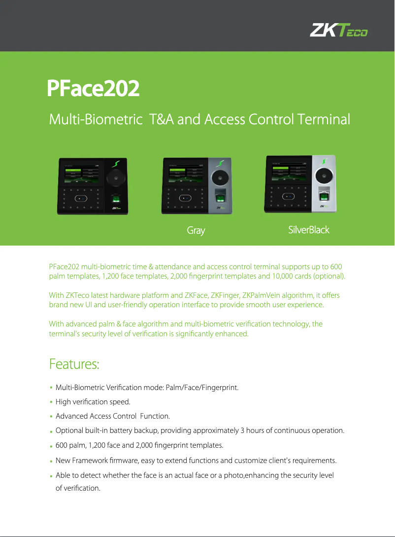 Page 1 de la notice Fiche technique ZKTeco PFace202