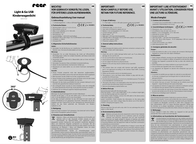 Page 1 de la notice Manuel utilisateur Reer Light & Go USB 53161