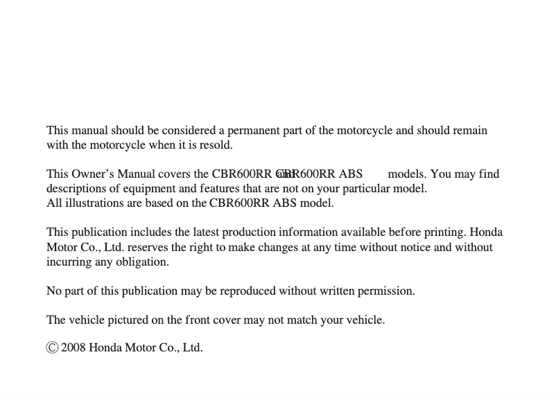 Page 1 de la notice Manuel utilisateur Honda CBR600RR (2009)