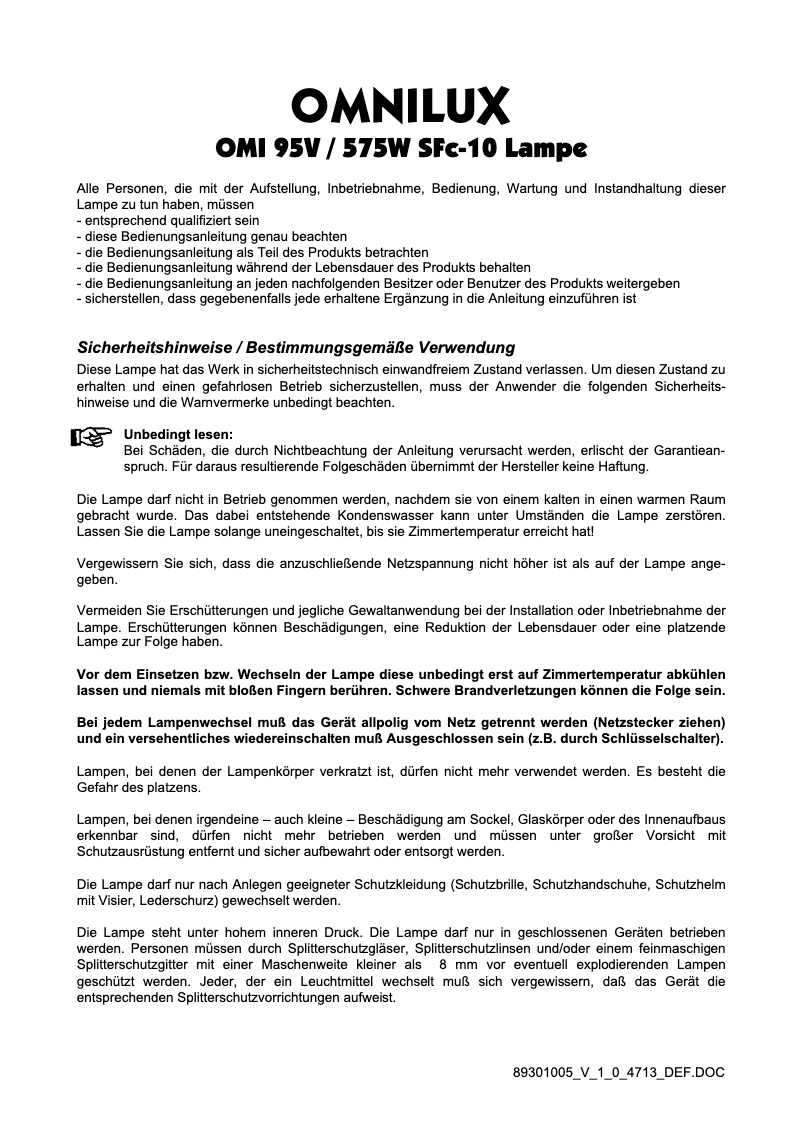 Page 1 de la notice Manuel utilisateur Omnilux OMI 575