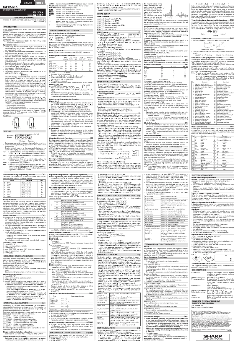 Page 1 de la notice Manuel utilisateur Sharp EL-506X