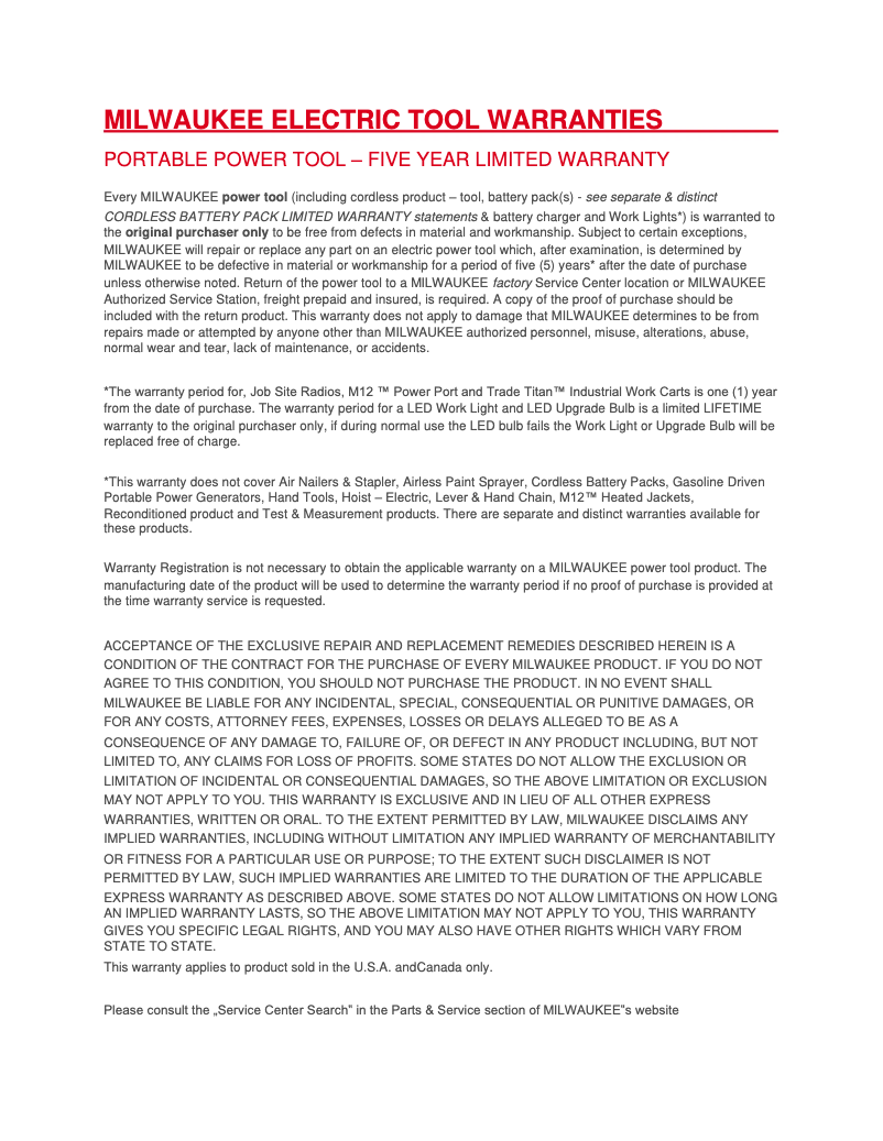 Page 1 de la notice Informations de garantie Milwaukee 2737-20