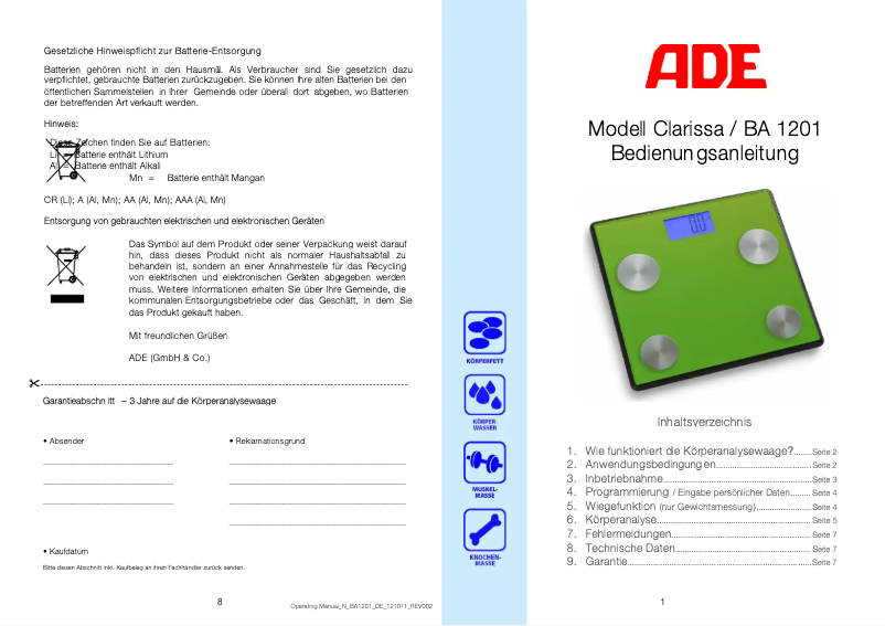 Page n°1 - Manuel utilisateur ADE Clarissa BA 1201