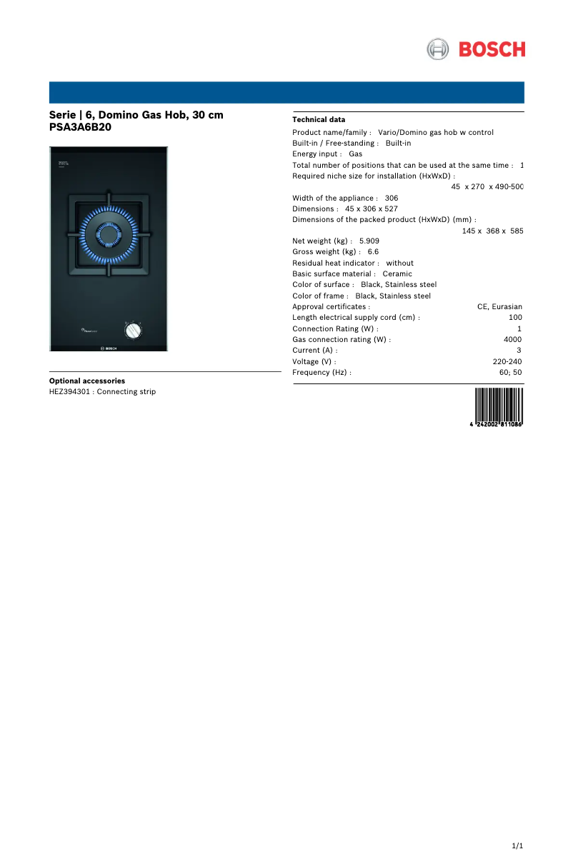 Page 1 de la notice Fiche technique Bosch PSA3A6B20