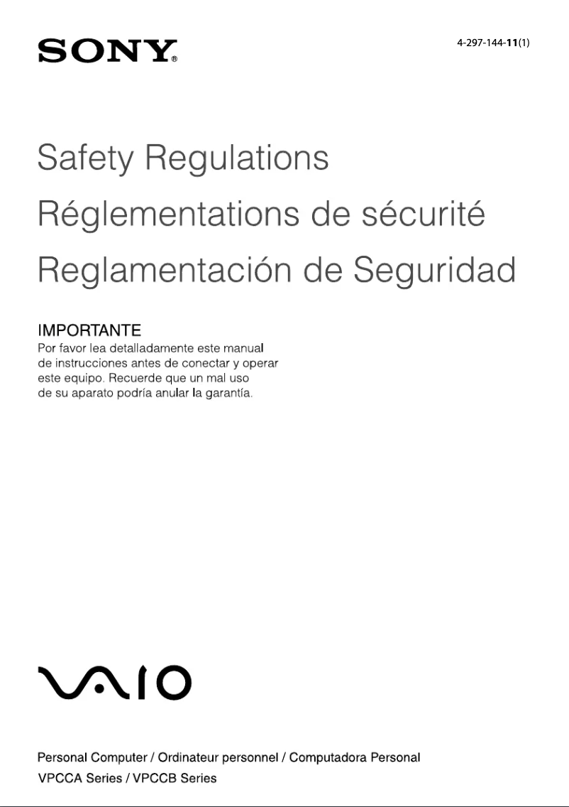 Page n°1 - Instructions de sécurité Sony Vaio VPCCB3AFX