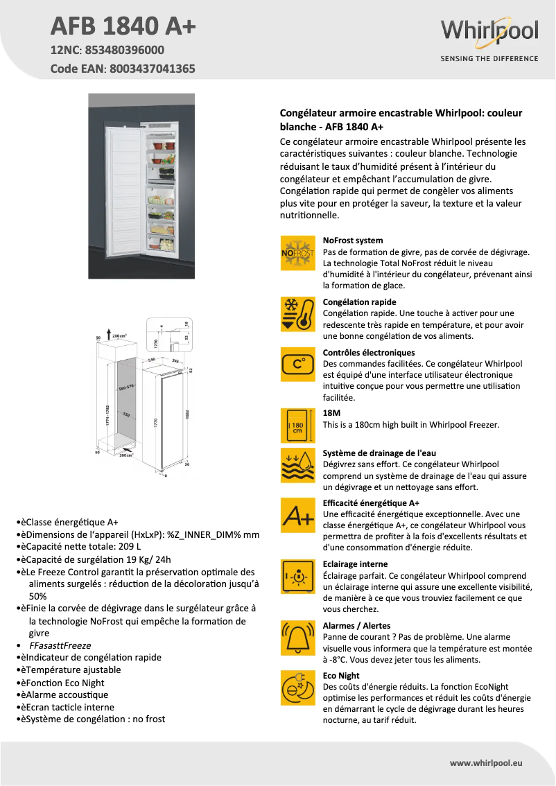 Page 1 de la notice Fiche technique Whirlpool AFB 1840 A+