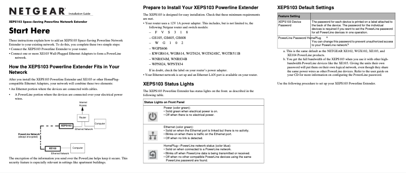 Page n°1 - Guide d'installation Netgear XEPS103