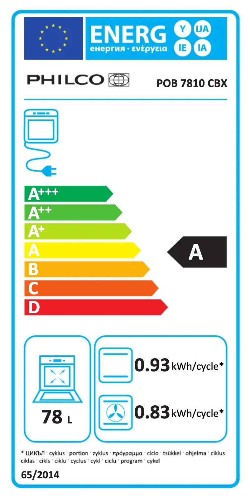 Page 1 de la notice Label énergétique Philco POB 7810 CBX