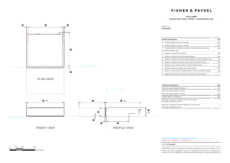 Page 1 de la notice Fiche technique Fisher & Paykel VB60SDEX1