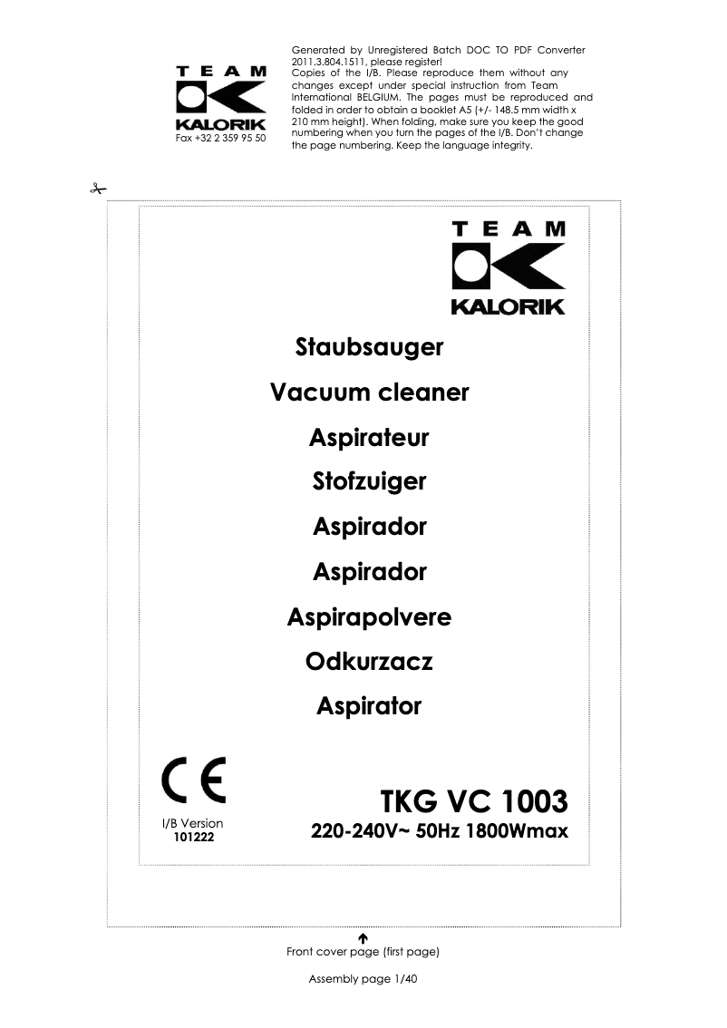 Image de la première page du manuel de l'appareil TKG VC 1003