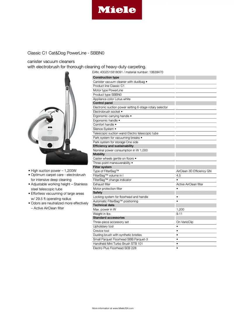 Page n°1 - Fiche technique Miele Complete C1