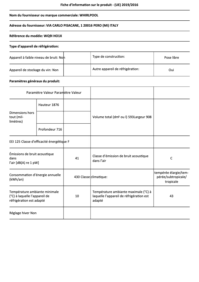 Page n°1 - Fiche technique Whirlpool WQ9I HO1X