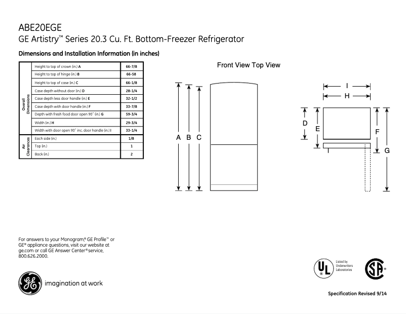 Page n°1 - Fiche technique GE Artistry ABE20EGEBS