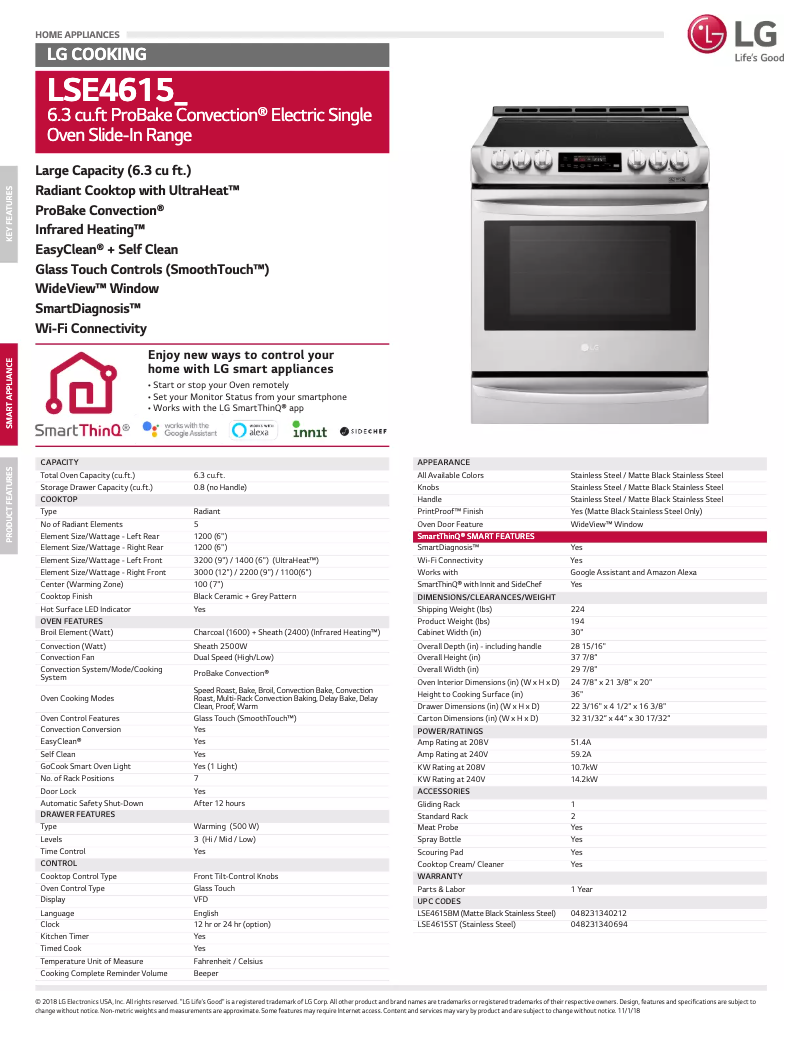 Page 1 de la notice Fiche technique LG LSE4615ST