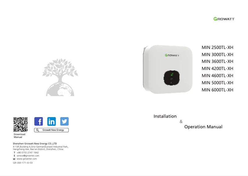 Page 1 de la notice Manuel utilisateur Growatt MIN 2500-6000TL-XH