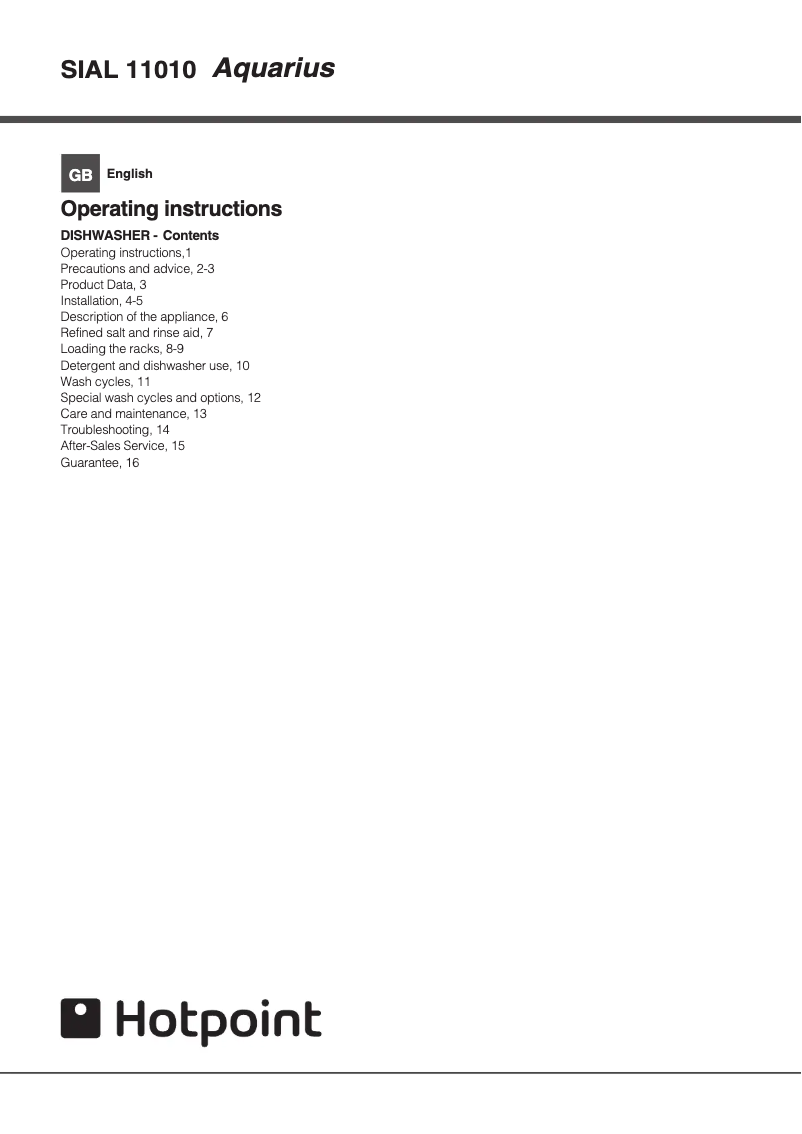 Page n°1 - Manuel utilisateur Hotpoint SIAL 11010 K Aquarius