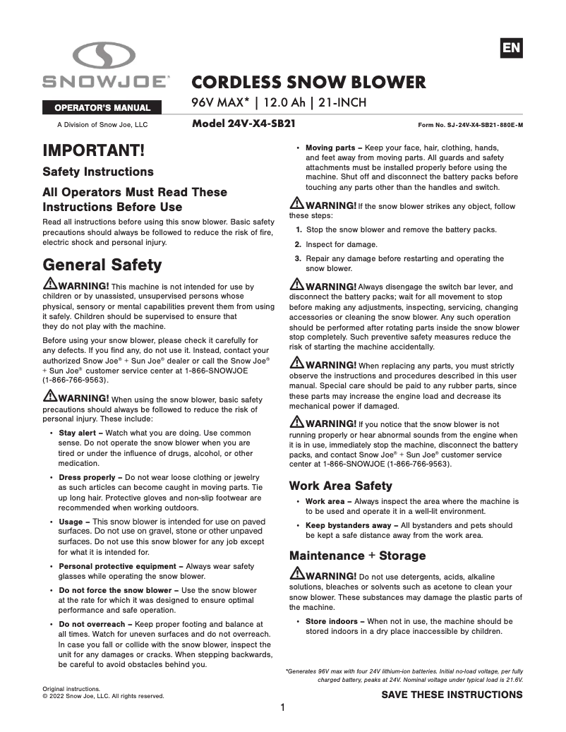 Page n°1 - Manuel utilisateur Snow Joe 24V-X4-SB21