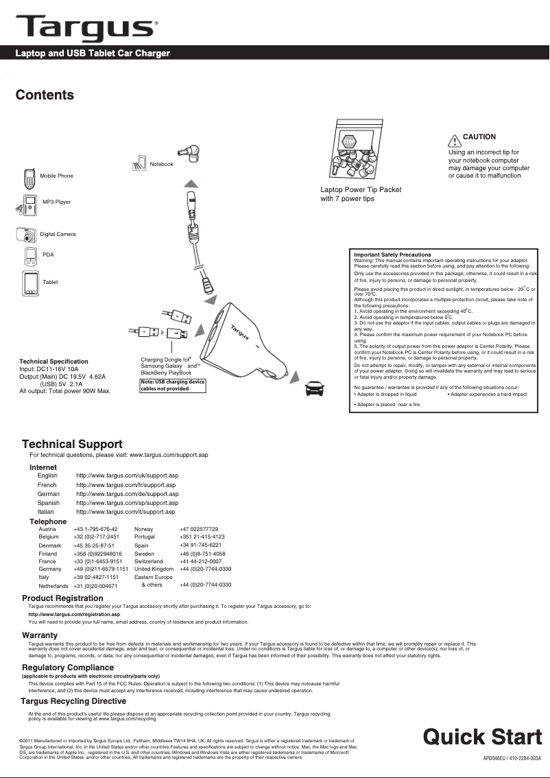 Page 1 de la notice Manuel utilisateur Targus APD046EU