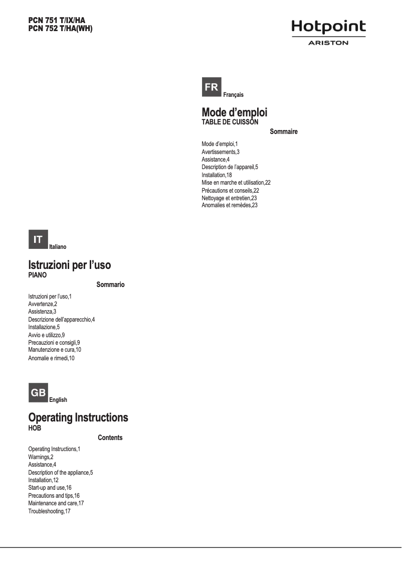 Page 1 de la notice Manuel utilisateur Hotpoint Ariston PCN 751 T/IX/HA