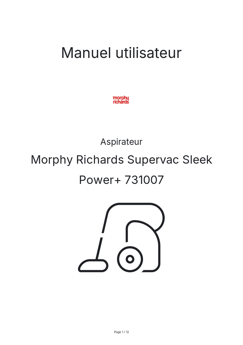 Image de la première page du manuel de l'appareil Supervac Sleek Power+ 731007