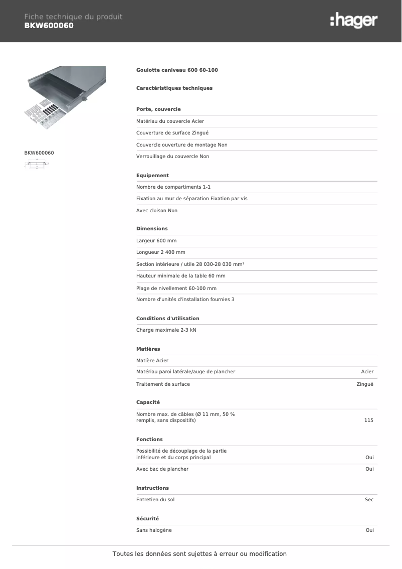 Page 1 de la notice Fiche technique Hager BKW600060