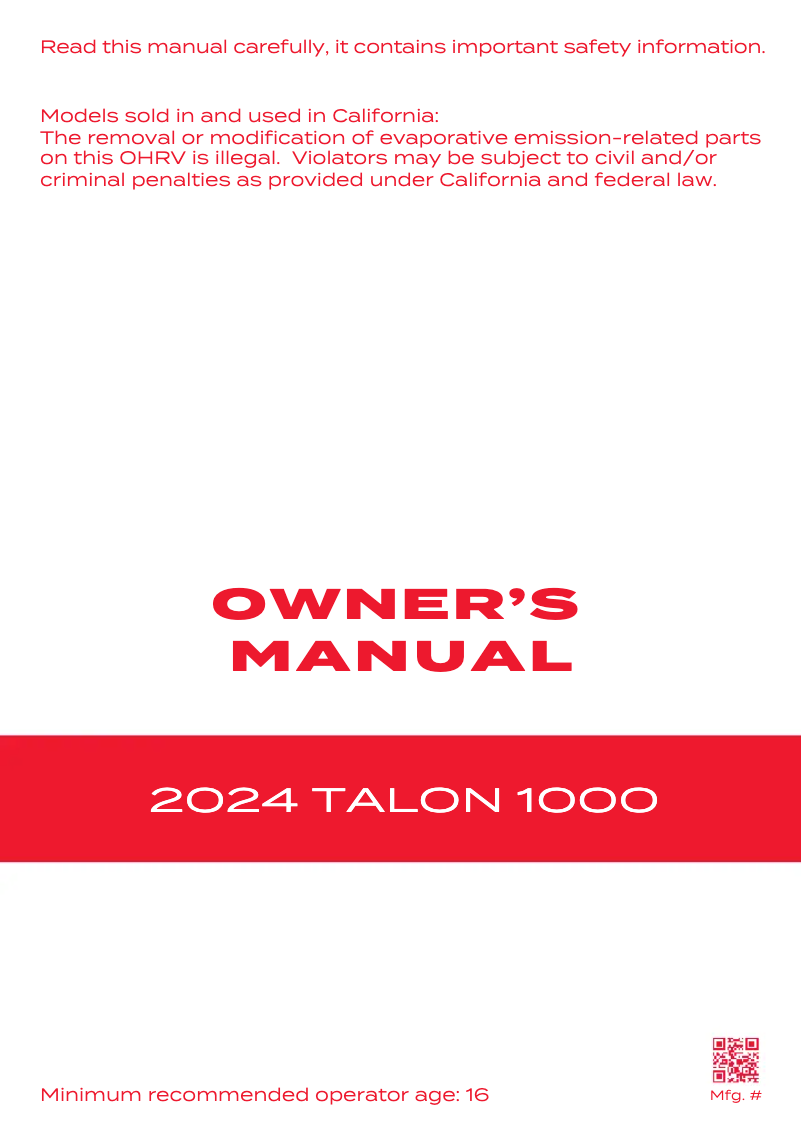 Image de la première page du manuel de l'appareil Talon 1000 (2024)