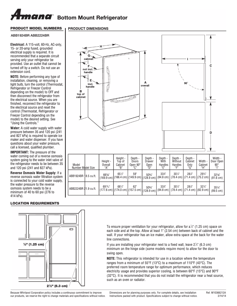 Page 1 de la notice Fiche technique Amana ABB2224BR