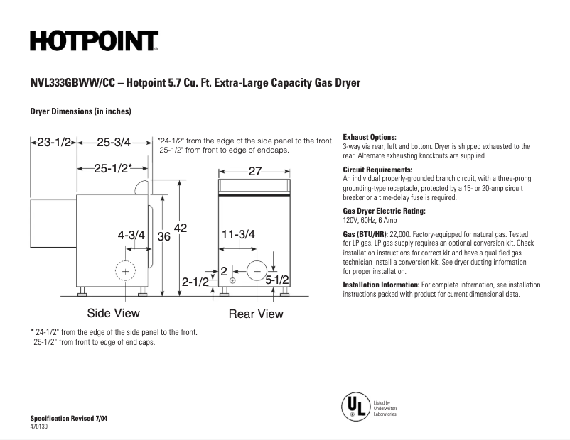Page 1 de la notice Fiche technique Hotpoint NVL333GBWW