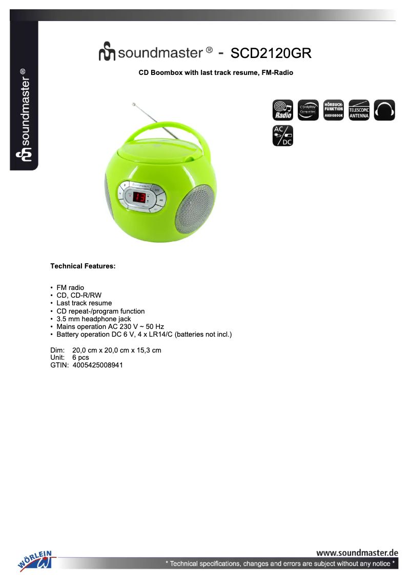 Page 1 de la notice Fiche technique Soundmaster SCD2120GR