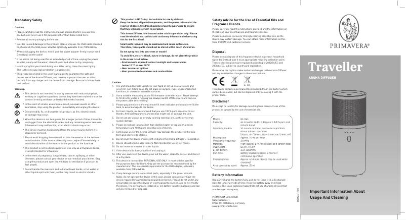 Page 1 de la notice Manuel utilisateur PRIMAVERA Traveller