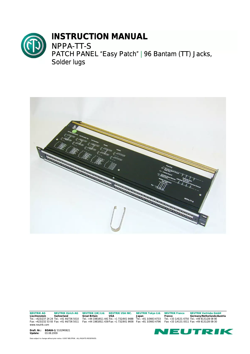Page 1 de la notice Manuel utilisateur Neutrik NPPA-TT-S