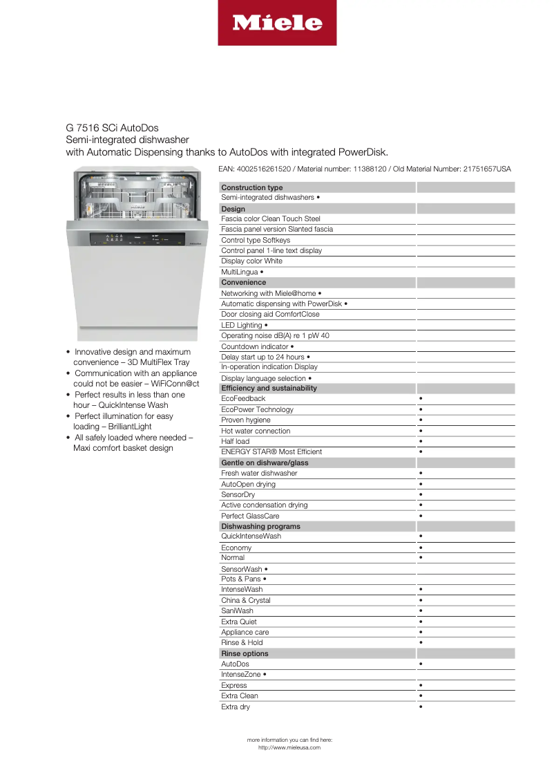 Page n°1 - Fiche technique Miele G 7516 SCi AutoDos